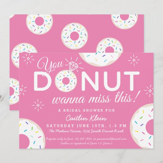Cute Donut Bridal Shower Invitations | Roze Kaart (Voorkant / Achterkant)