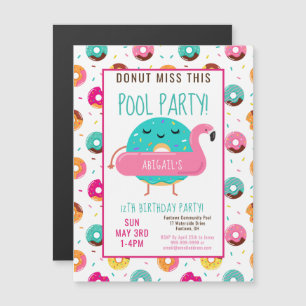 Cute Donut Flamingo Birthday Pool Party Girls Magnetische Uitnodiging