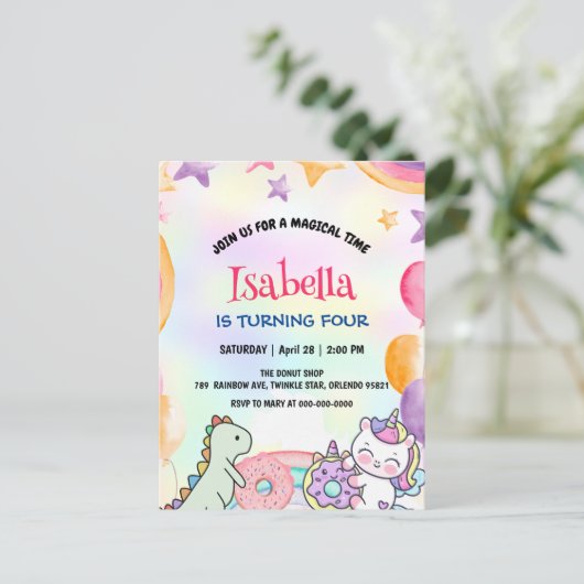 Cute Donuts Dino Eenhoorn Verjaardag Regenboog Fee Briefkaart (Staand voorkant)