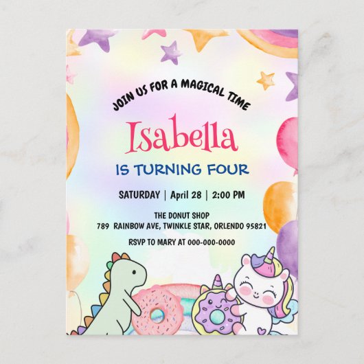 Cute Donuts Dino Eenhoorn Verjaardag Regenboog Fee Briefkaart (Voorkant)