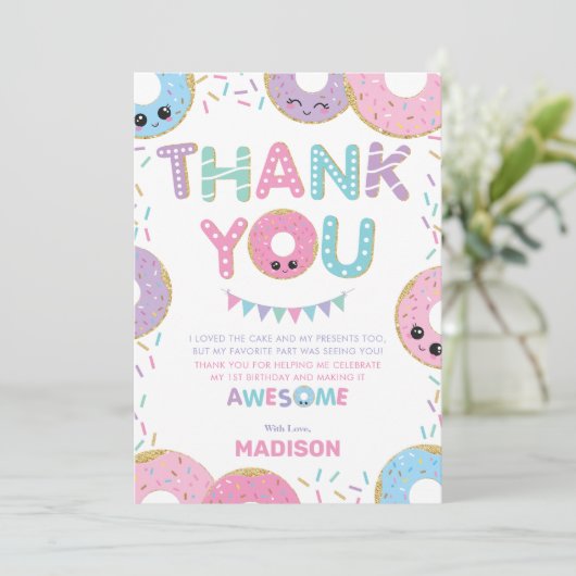 Cute Donuts Doughnuts Sprinkles Birthday Party Bedankkaart (Staand voorkant)