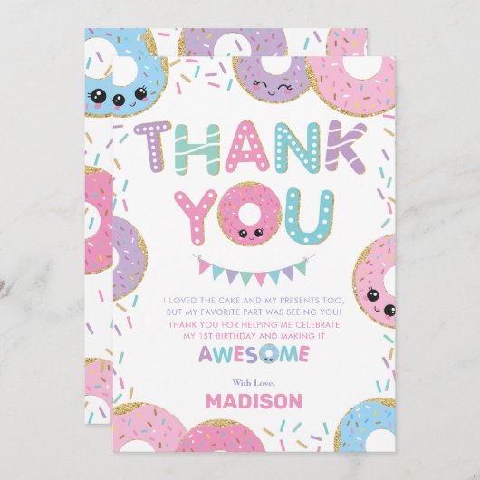 Cute Donuts Doughnuts Sprinkles Birthday Party Bedankkaart (Voorkant / Achterkant)