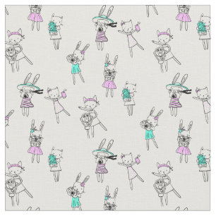 Cute Doodle Cat Girls Pattern Stof