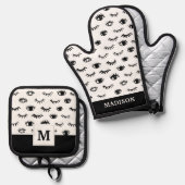Cute Doodle Eyelash Patroon Ovenwant & Pannenlap Set (Voorkant / Achterkant)
