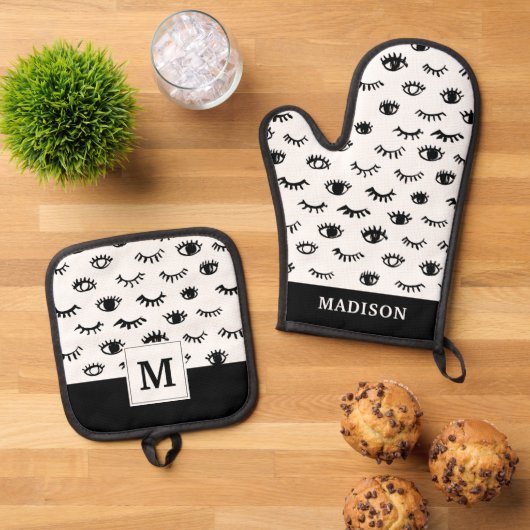 Cute Doodle Eyelash Patroon Ovenwant & Pannenlap Set (Top down)