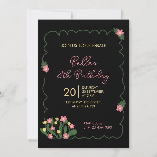 Cute Doodle Flower Frame Kids Birthday Invitation Kaart (Voorkant)