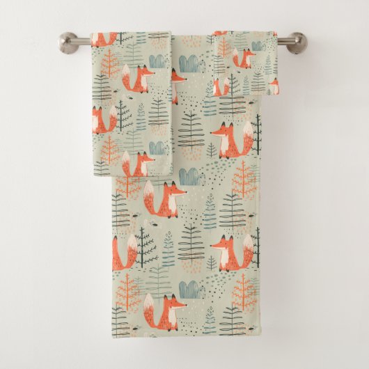 Cute Doodle Fox Forest Woodland Pattern Bad Handdoek (Insitu)