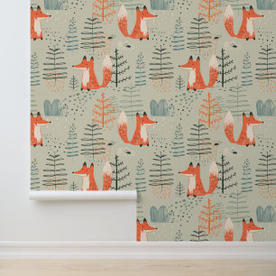 Cute Doodle Fox Forest Woodland Pattern Behang
