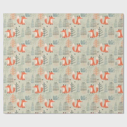 Cute Doodle Fox Forest Woodland Pattern Cadeaupapier (Vlak)
