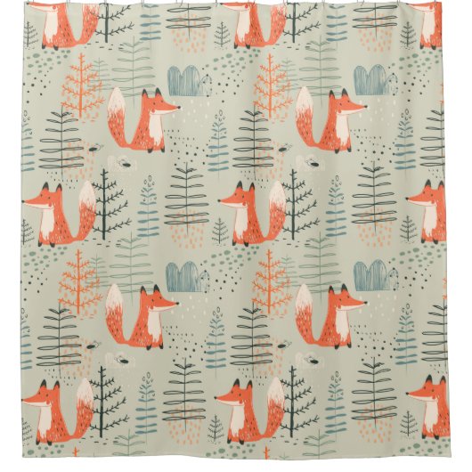 Cute Doodle Fox Forest Woodland Pattern Douchegordijn (Voorkant)