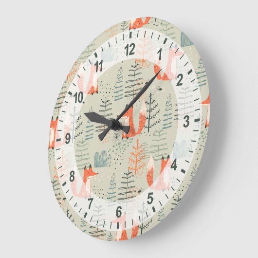 Cute Doodle Fox Forest Woodland Pattern Grote Klok (Hoek)