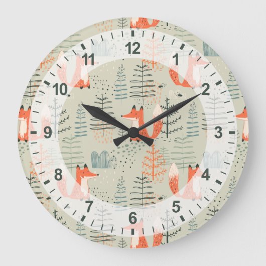 Cute Doodle Fox Forest Woodland Pattern Grote Klok (Voorkant)