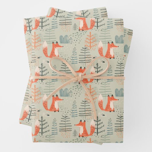 Cute Doodle Fox Forest Woodland Pattern Inpakpapier Vel (In situ)