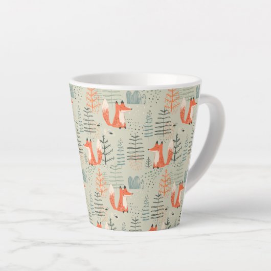 Cute Doodle Fox Forest Woodland Pattern Latte Mok (Rechterhoek)