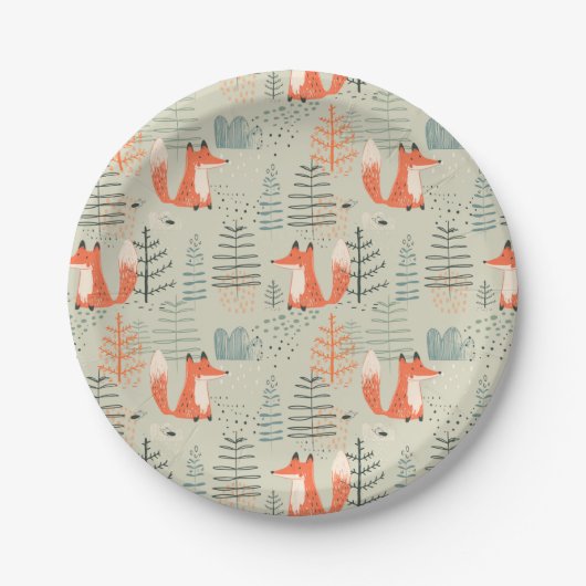 Cute Doodle Fox Forest Woodland Pattern Papieren Bordje (Voorkant)