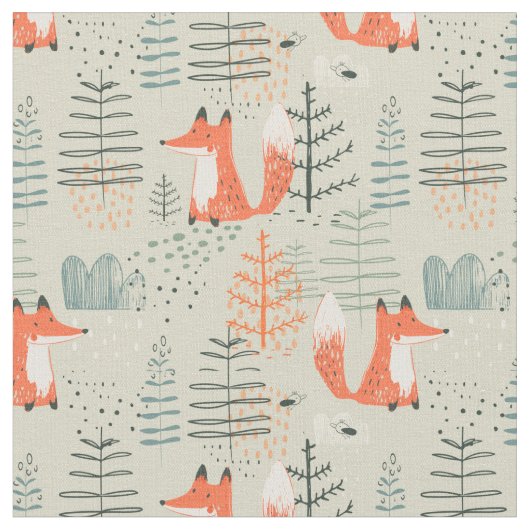 Cute Doodle Fox Forest Woodland Pattern Stof (Close Up)