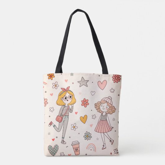 Cute Doodle Girls Full-Print Tote Bag (Achterkant)