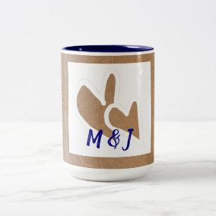 Cute Doodle Hearts Couple Monogrammen Nautical Gif Tweekleurige Koffiemok