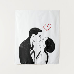 Cute Doodle Love Heart Romantic Couple Kiss Wandkleed