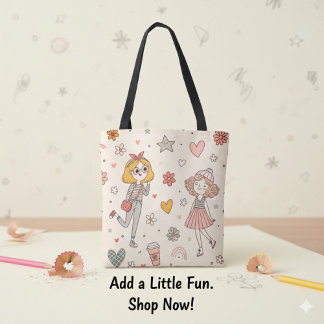 Cute Doodle Meisjes Full-Print Tote Tas