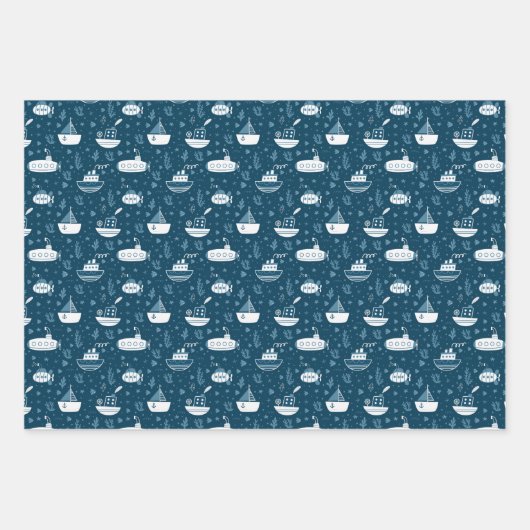 Cute Doodle Ocean Nautical Ships Pattern Inpakpapier Vel (Voorkant 3)