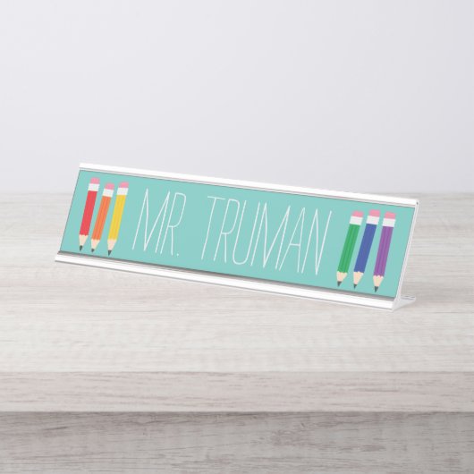 Cute Doodle Pencils Leernaam Bord Bureau Naambordje (Voorkant)