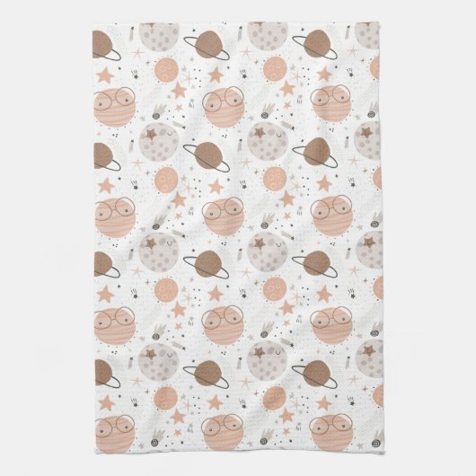 Cute Doodle Planet Pattern Theedoek (Verticaal)