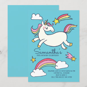 Cute Doodle Rainbow Unicorn Stars Birthday Kaart