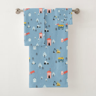 Cute Doodle Town Scene Patroon Bad Handdoek