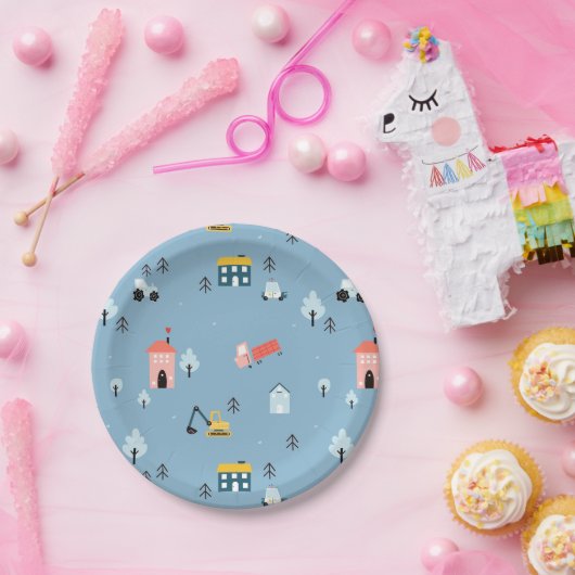 Cute Doodle Town Scene Patroon Papieren Bordje (Feest)