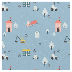 Cute Doodle Town Scene Patroon Stof