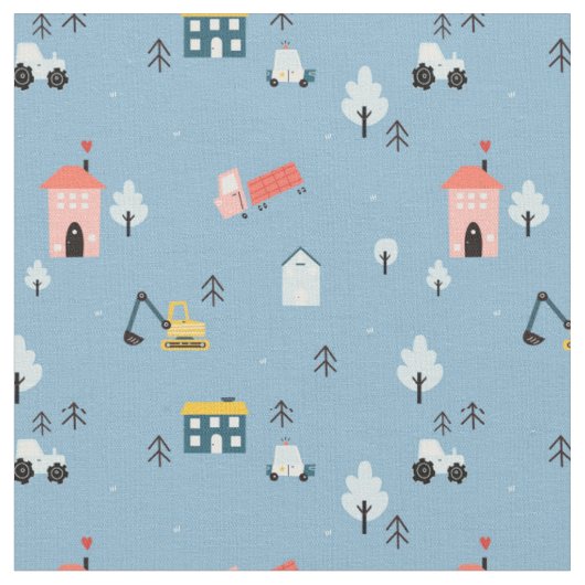 Cute Doodle Town Scene Patroon Stof (Close Up)