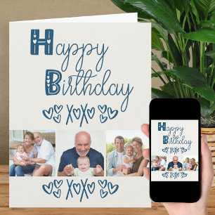 Cute Doodle Typografie Blauw Grijs 3 Foto Verjaard Kaart