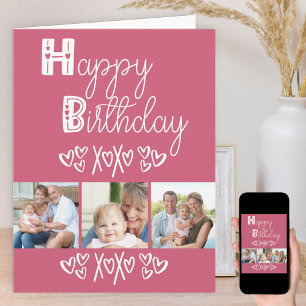 Cute Doodle Typografie Roze 3 Foto Verjaardag Kaart
