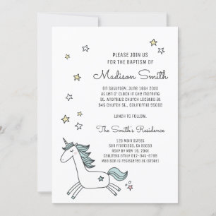 Cute Doodle Unicorn en Stars Baptism Invitation