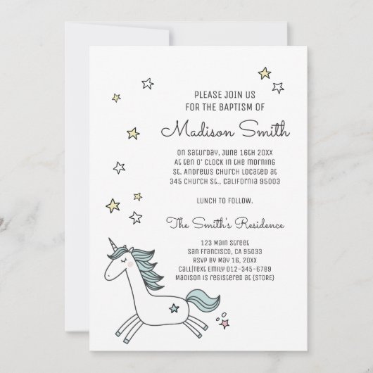 Cute Doodle Unicorn en Stars Baptism Invitation (Voorkant)