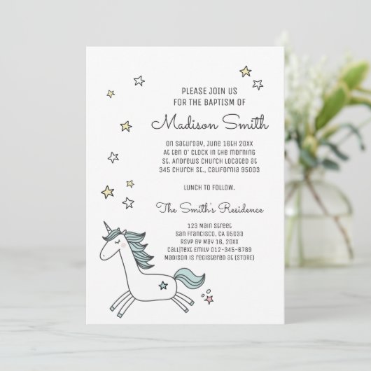 Cute Doodle Unicorn en Stars Baptism Invitation (Staand voorkant)
