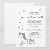 Cute Doodle Unicorn en Stars Baptism Invitation (Voorkant / Achterkant)