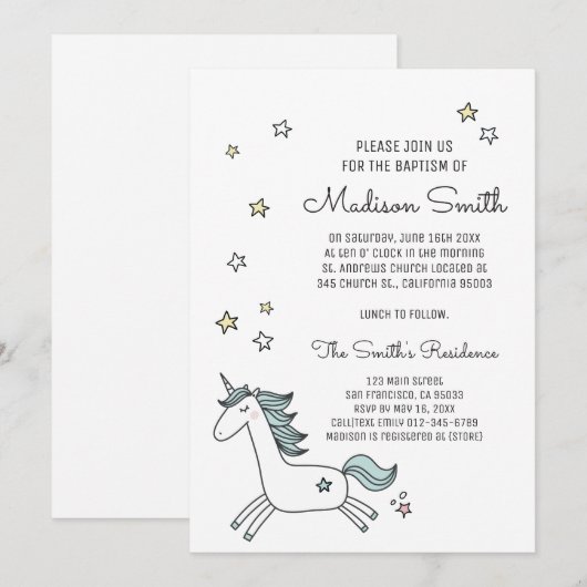 Cute Doodle Unicorn en Stars Baptism Invitation (Voorkant / Achterkant)