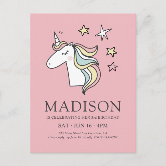 Cute Doodle Unicorn en Stars Birthday Briefkaart (Voorkant)