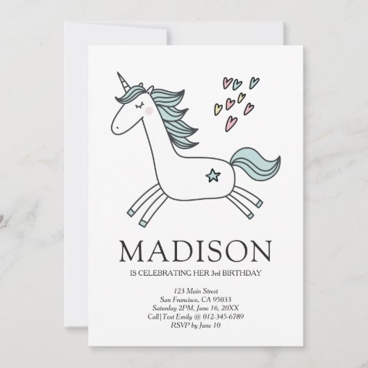 Cute Doodle Unicorn Hearts Birthday Uitnodiging (Voorkant)