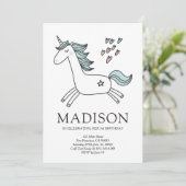 Cute Doodle Unicorn Hearts Birthday Uitnodiging (Staand voorkant)