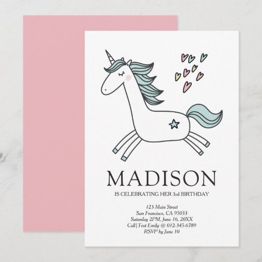 Cute Doodle Unicorn Hearts Birthday Uitnodiging (Voorkant / Achterkant)