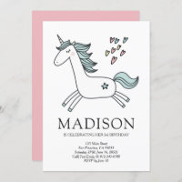 Cute Doodle Unicorn Hearts Birthday Uitnodiging