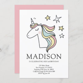 Cute Doodle Unicorn Stars Birthday Uitnodiging