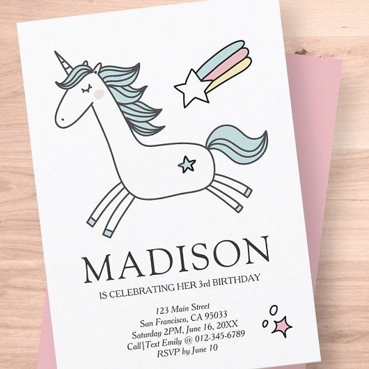 Cute Doodle Unicorn Stars Birthday Uitnodiging