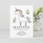 Cute Doodle Unicorn Sweets Birthday Invitation Kaart (Staand voorkant)