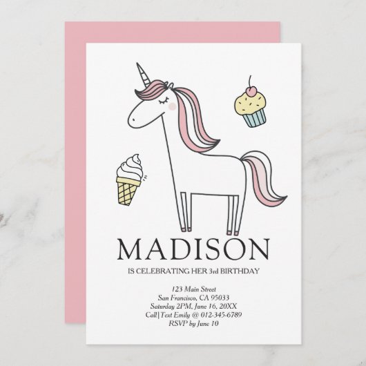 Cute Doodle Unicorn Sweets Birthday Invitation Kaart (Voorkant / Achterkant)