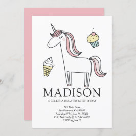 Cute Doodle Unicorn Sweets Birthday Invitation Kaart