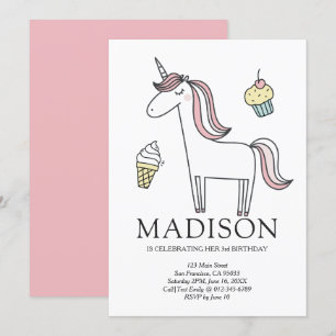 Cute Doodle Unicorn Sweets Birthday Invitation Kaart